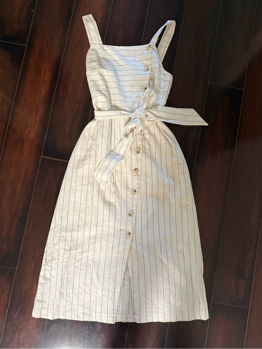 Lost + Wander Cream Striped Button-Front Midi Dress, Linen/Cotton Blend